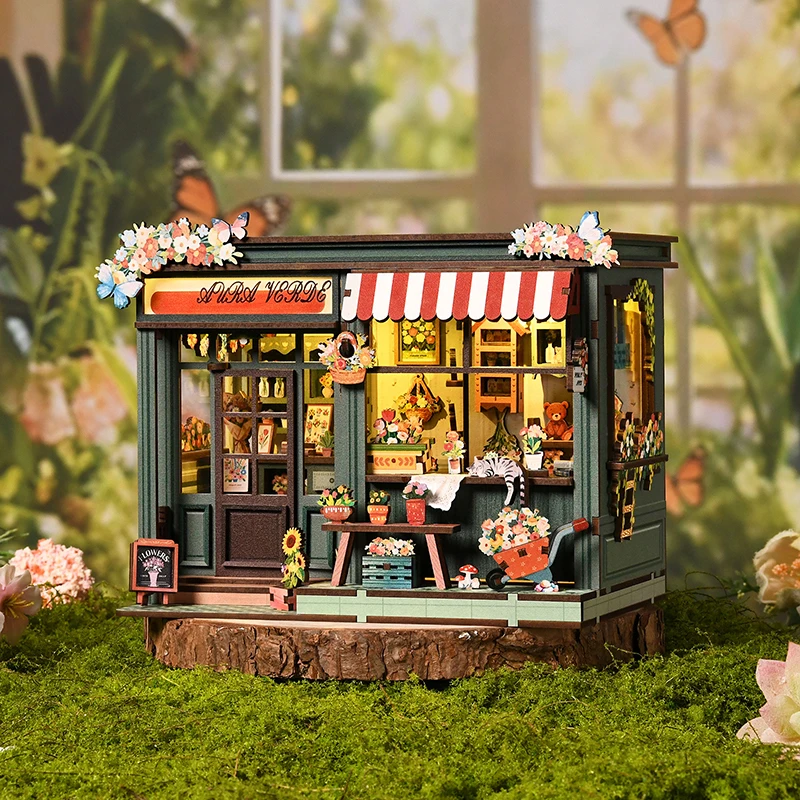 Vintage Street Flower Shop DIY Miniatur-Puppenhaus-Bausatz mit LED-Licht, 3D-Holzpuzzle, vollständige Möbel für kreatives Bastelgeschenk Image