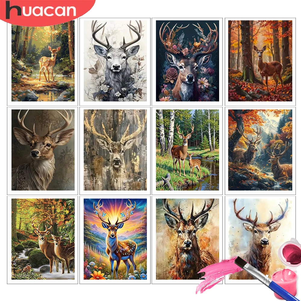 HUACAN Malen-nach-Zahlen-Set Hirsch Tier Handgemachtes Mal- und Zeichenset auf Leinwand Wald für Kreativität Heimdekoration Image