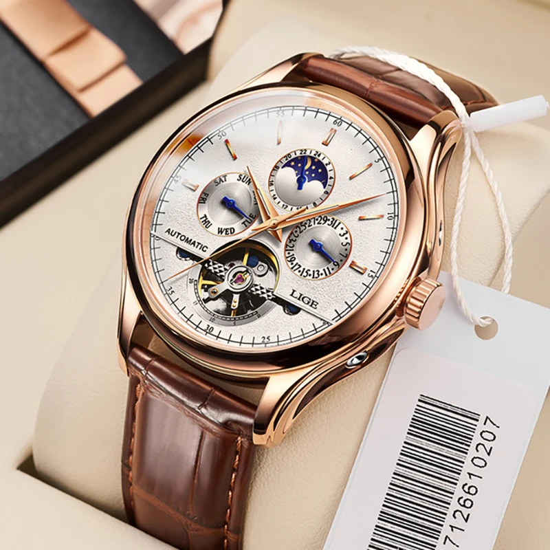 2025 LIGE Herrenuhren Automatische mechanische Uhr Tourbillon Sportuhr Leder Casual Business Retro Armbanduhr Uhren Hombre Image
