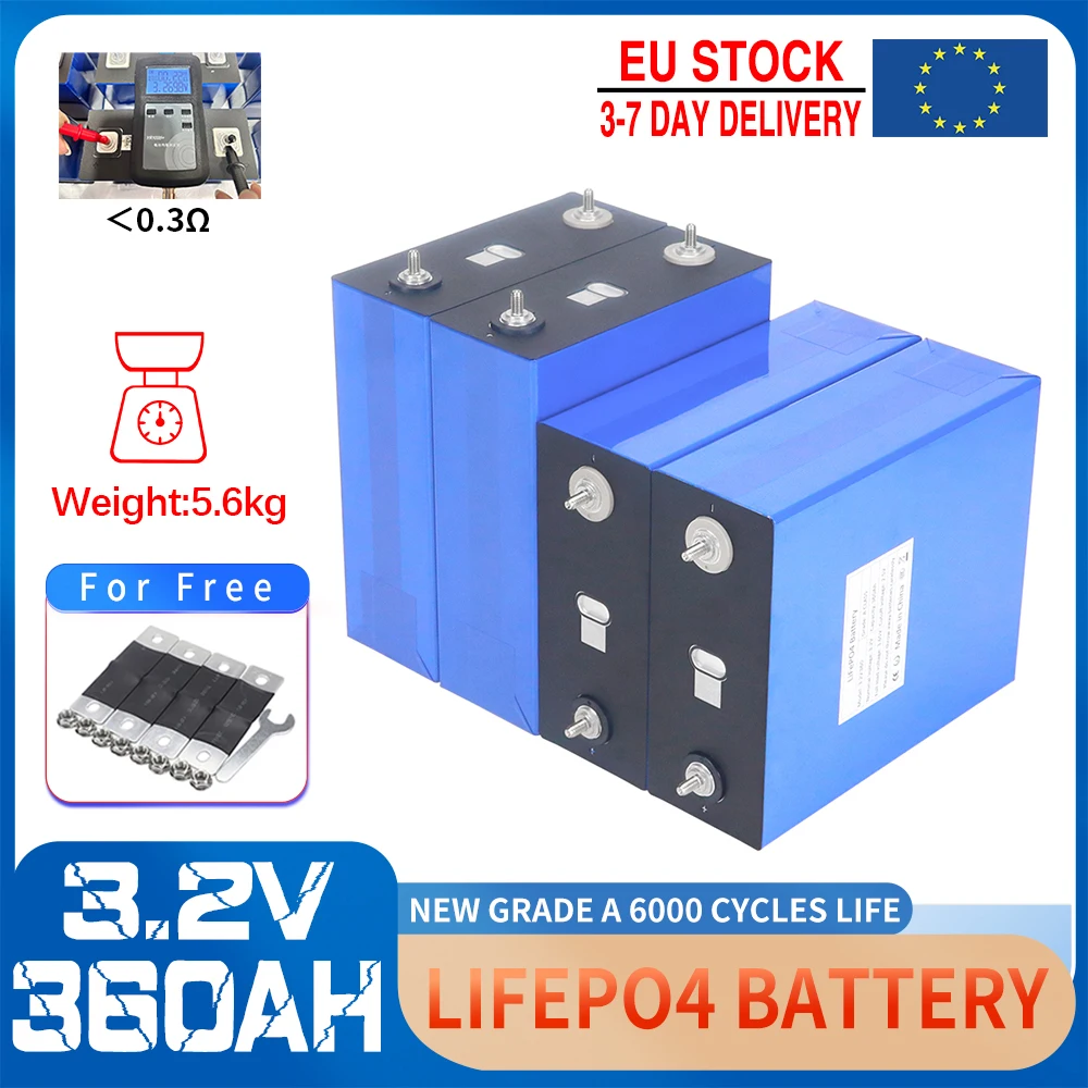 3,2V LiFePO4 Akku 360Ah Wiederaufladbare Lithium-Eisenphosphat-Zelle Klasse A 10.000 Zyklen DIY 12V 24V 48V Solar Vans Golf EU Lagerbestand Image
