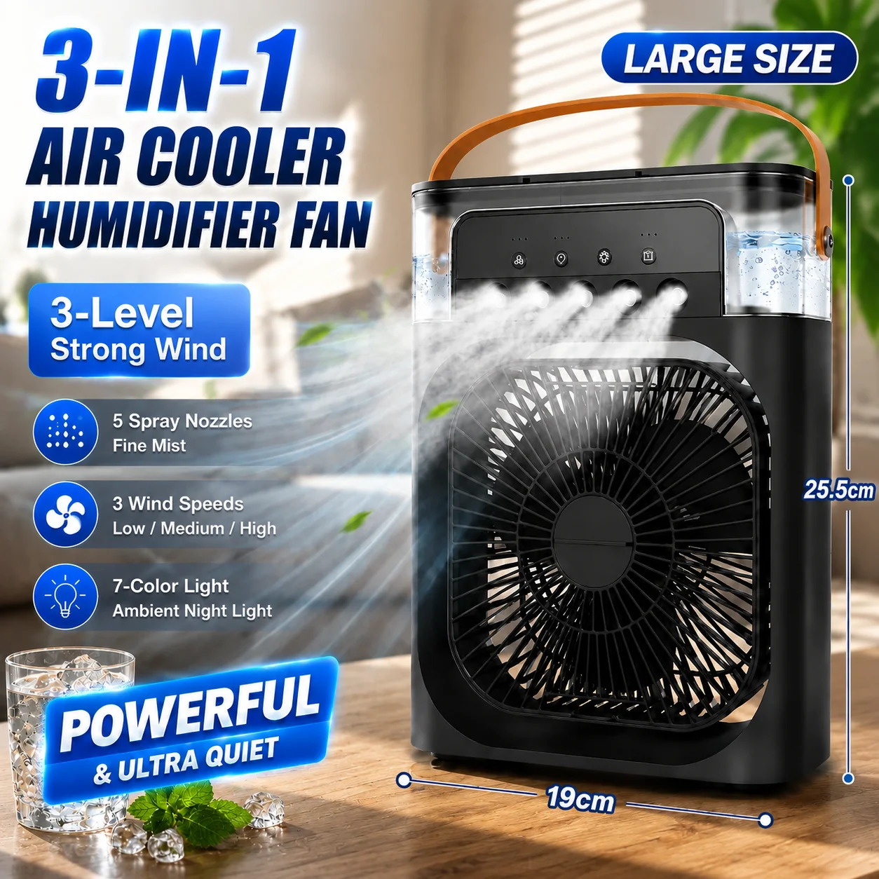 Ventilateur-climatiseur 3-en-1 avec lumière LED, humidificateur portable, ventilateur-climatiseur 3/100 vitesses, ventilateur de voyage extérieur à pulvérisation glacée