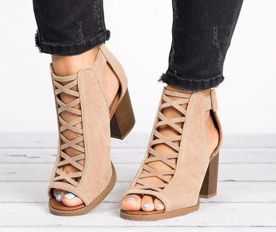 Comemore neue Frühling Sommer sexy lässig Rom Stiefeletten Damen Sandalen Damenschuhe mittlere High Heels große Größe 43 schwarz