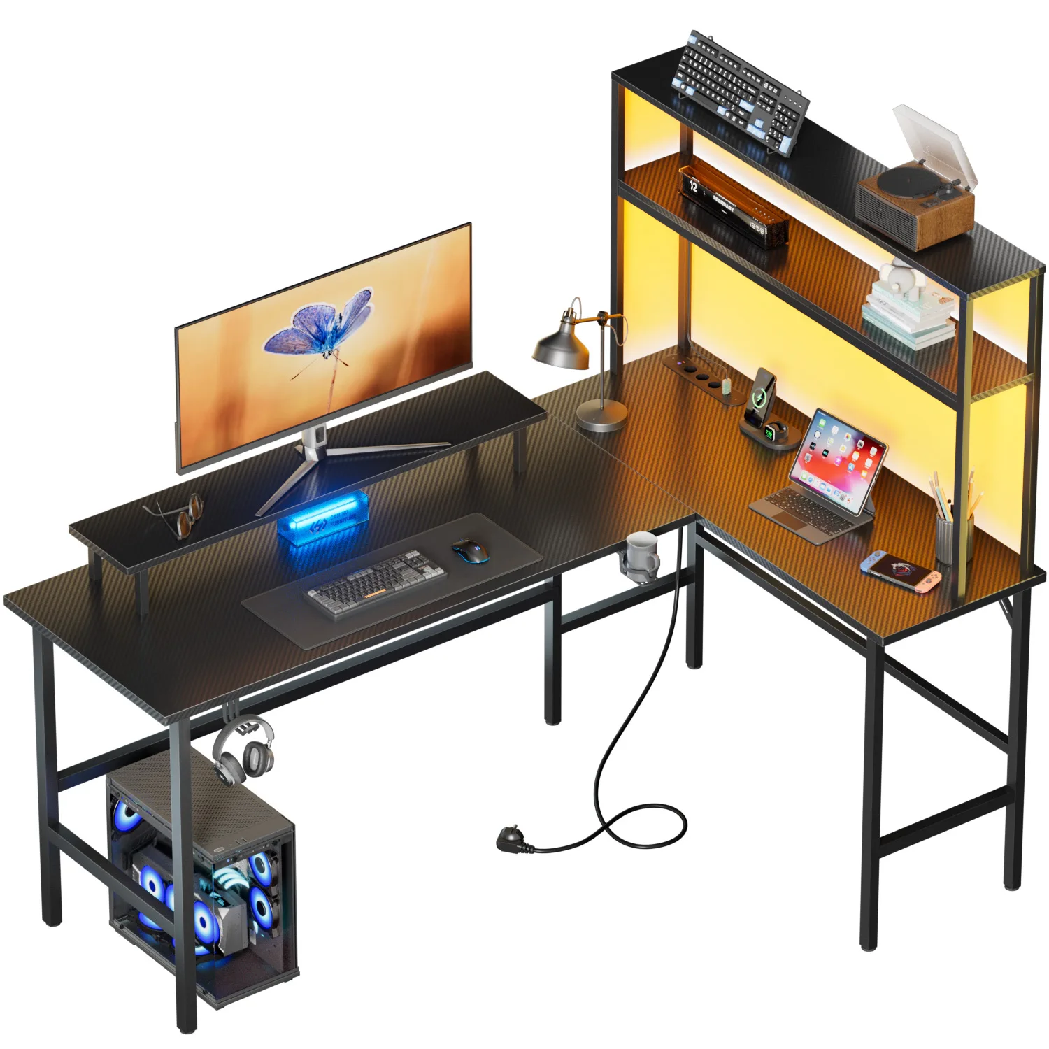 L-förmiger Gaming-Schreibtisch, Umkehrbarer Computertisch mit Steckdose und LED-Beleuchtung, Eck-Bürotisch mit Monitorständer
