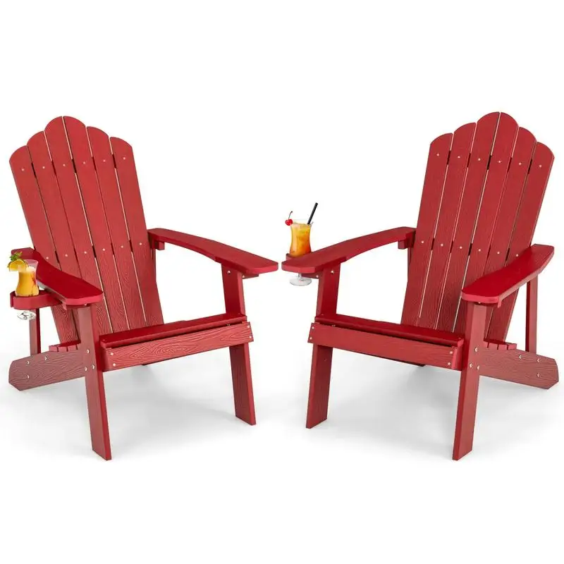 Ensemble de 2 chaises Adirondack avec porte-gobelets, chaises de jardin résistantes aux intempéries, fauteuils de jardin en plastique, siège extérieur imperméable rouge pour jardin, terrasse, camping,
