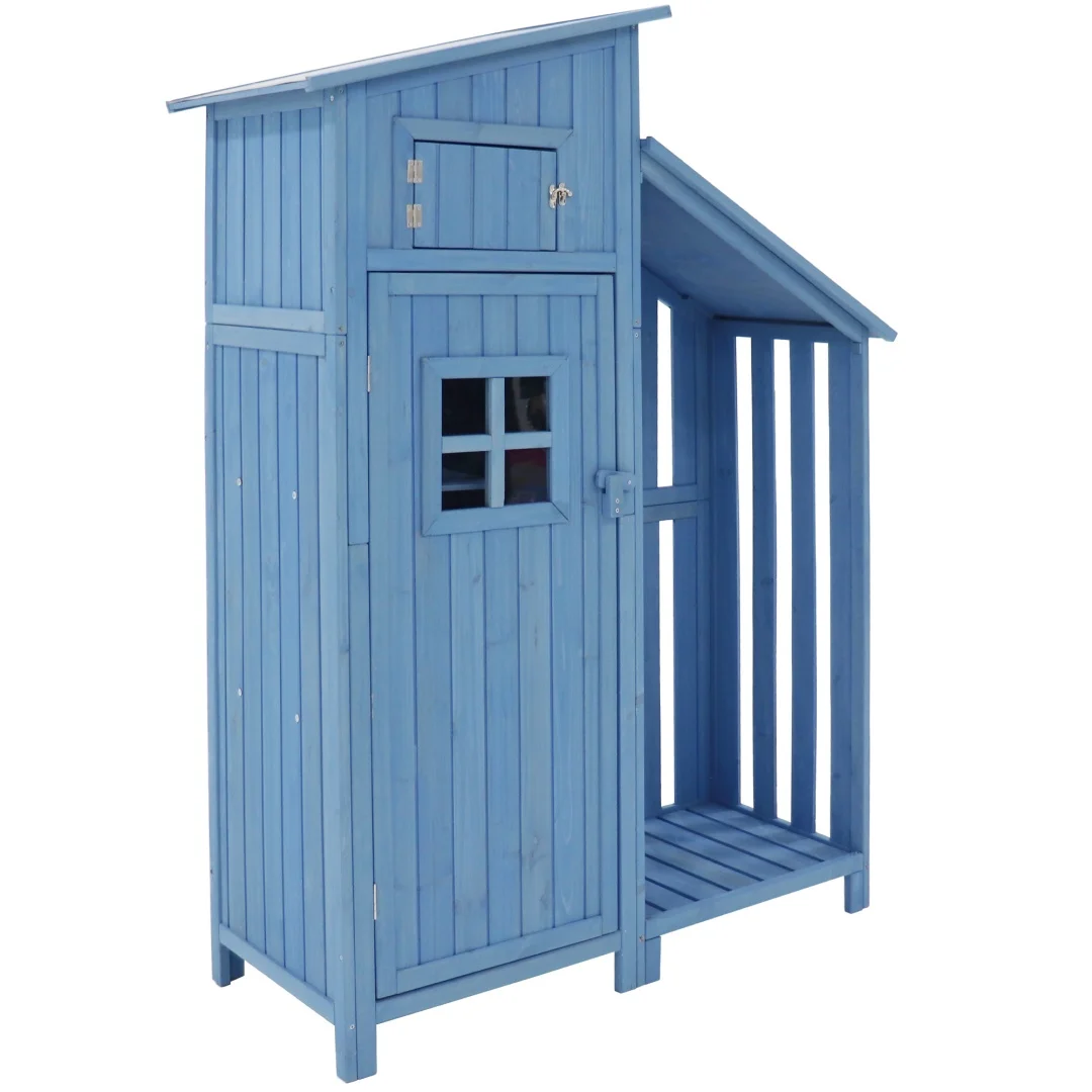 Banc de jardin pour équipement de jardinage, armoire de rangement pour équipement BxT: 124x46 cm, BxTxH: 124x46x174 cm, également adapté aux petits jardins, bleu, (Abri de jardin, 1 unité, maison de