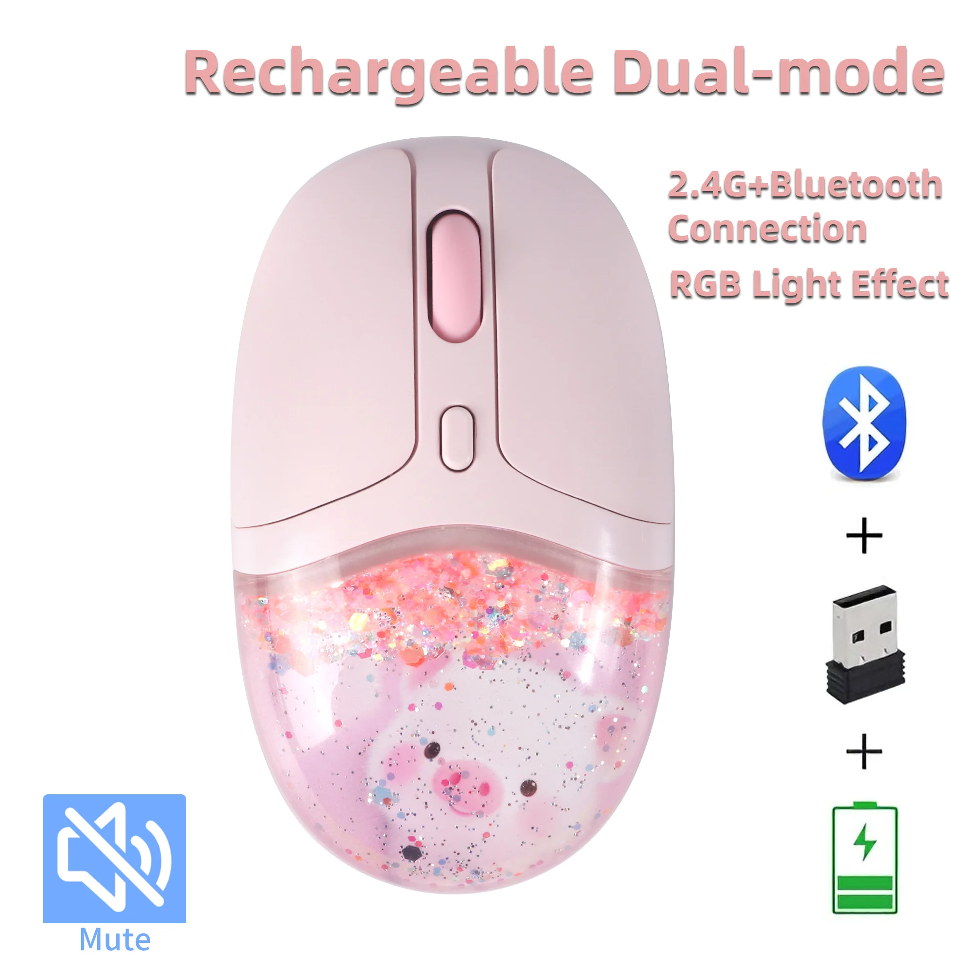 Niedliche Dual-Mode-Maus, Bluetooth, 2,4 G, wiederaufladbar, stumm, fließender Kristall, schöner Lichteffekt, Stummschalttaste, Bürogebrauch, Mädchen-Maus Image