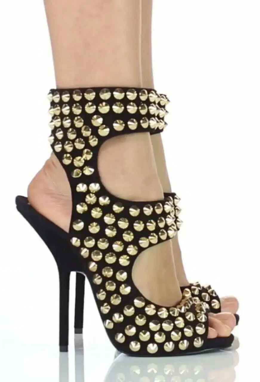 Schwarz Peep Toe Knöchel Gold Nieten Sommer Frauen Sandalen Stiletto High Heels Seite Zipper Design Große Größe Mode Dame Schuhe