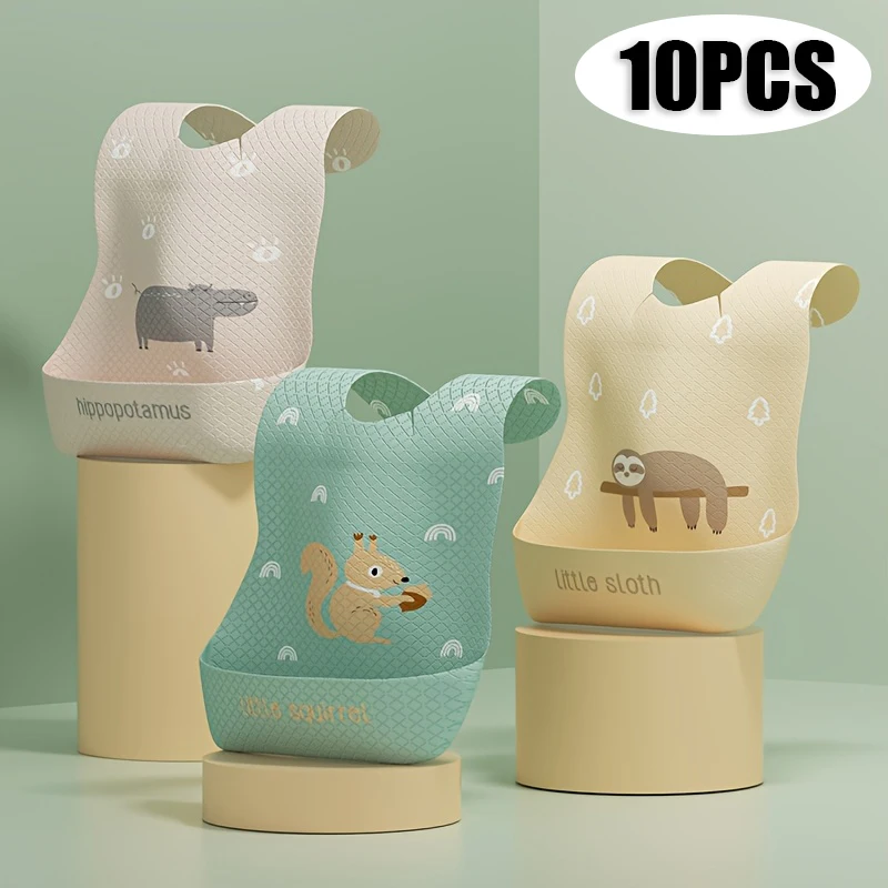 10 Stück/Set Einweg-Babylätzchen mit Cartoon-Tiermotiven, Weiche Sabberlätzchen für Kinder, Wasserdichte Esslätzchen Image