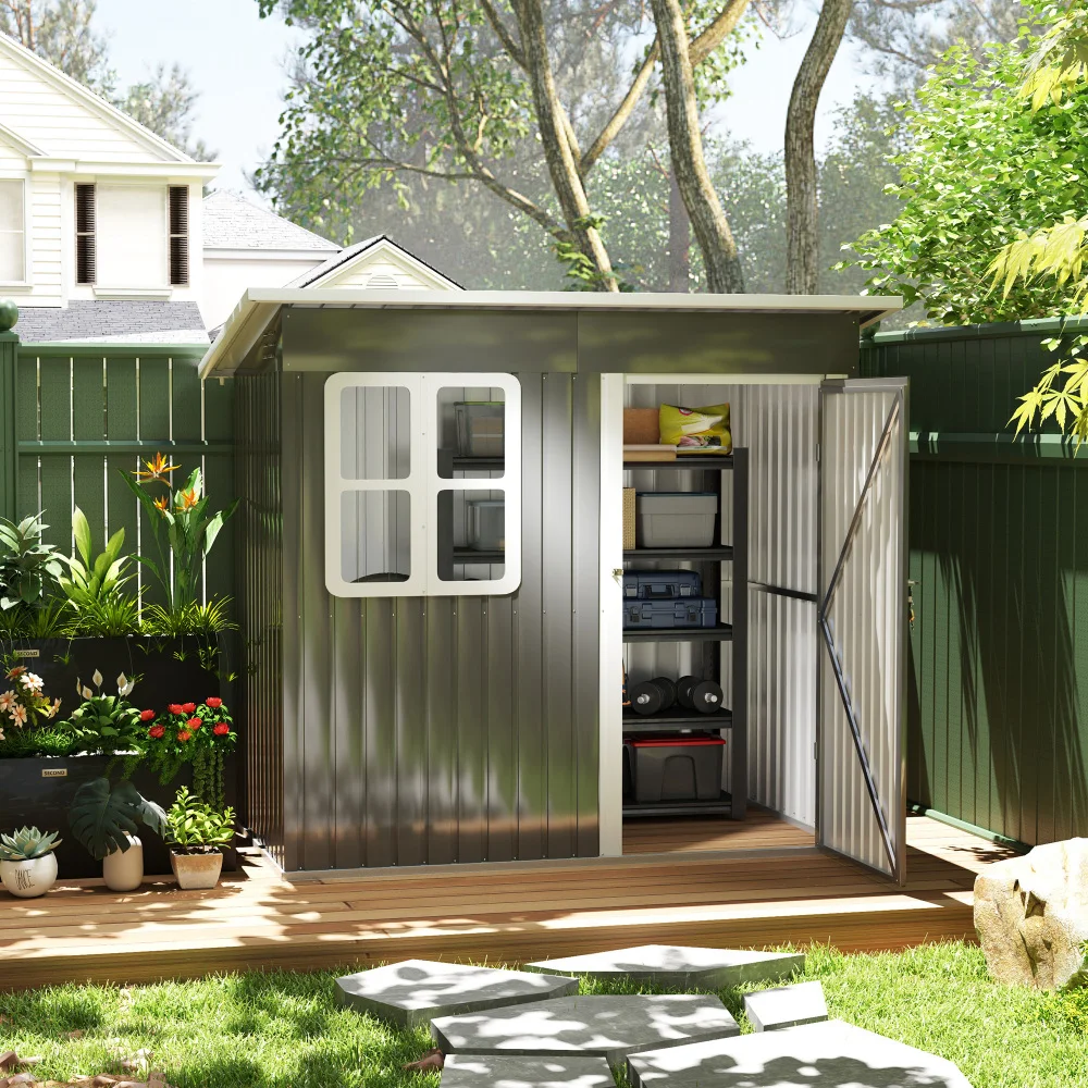 Abri de jardin Outsunny 2,55 m², maison de jardin à toit en pente, 221 x 133 x 190/173 cm, abri à outils avec porte verrouillable, fenêtre, garage à vélos, armoire de jardin en acier, pour jardin,
