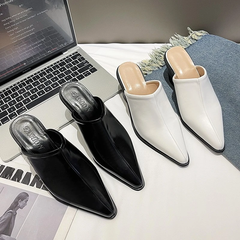 Damen-Slipper Loafer Spitze Pantoletten Geschlossene Zehenpartie Damenschuhe Keilabsatz Niedriger Absatz Retro Slip-on Frühling Sommer Pantoffeln