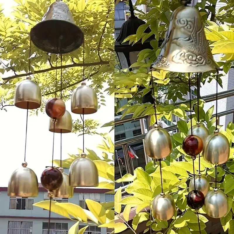 New 6 Copper Bells Outdoor Metal Wind Chimes - Decorative Hanging Ornament For Yard & Garden Ideal For Home Outdoor Decor