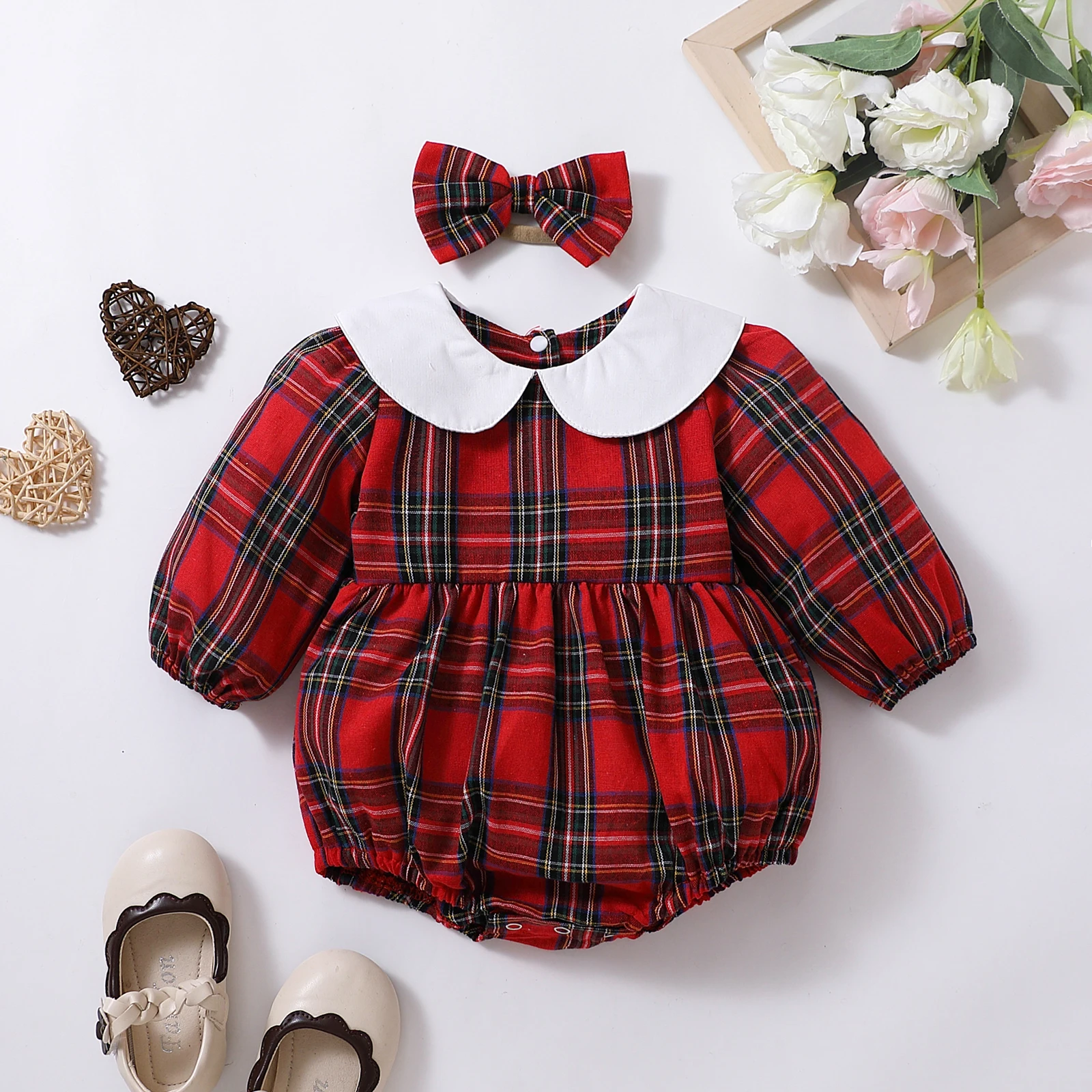 Herbst & Winter Neugeborenen Baby Mädchen Kinder Kleidung Rot Plaid Revers Lange Ärmeln Strampler Overall Image