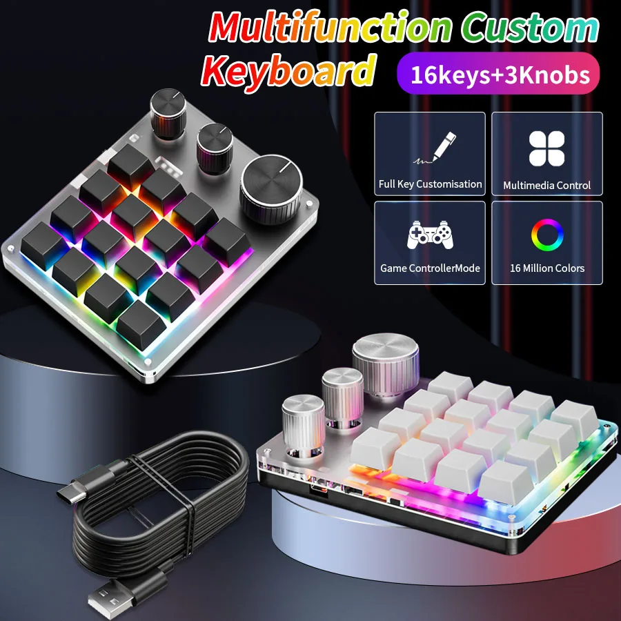 16 Tasten, 3 Knöpfe, benutzerdefinierte mechanische Tastatur, Lautstärketaste, Knopf, Programmierung, Makro, Gaming, USB, kabelgebunden/Bluetooth/kabellos Image
