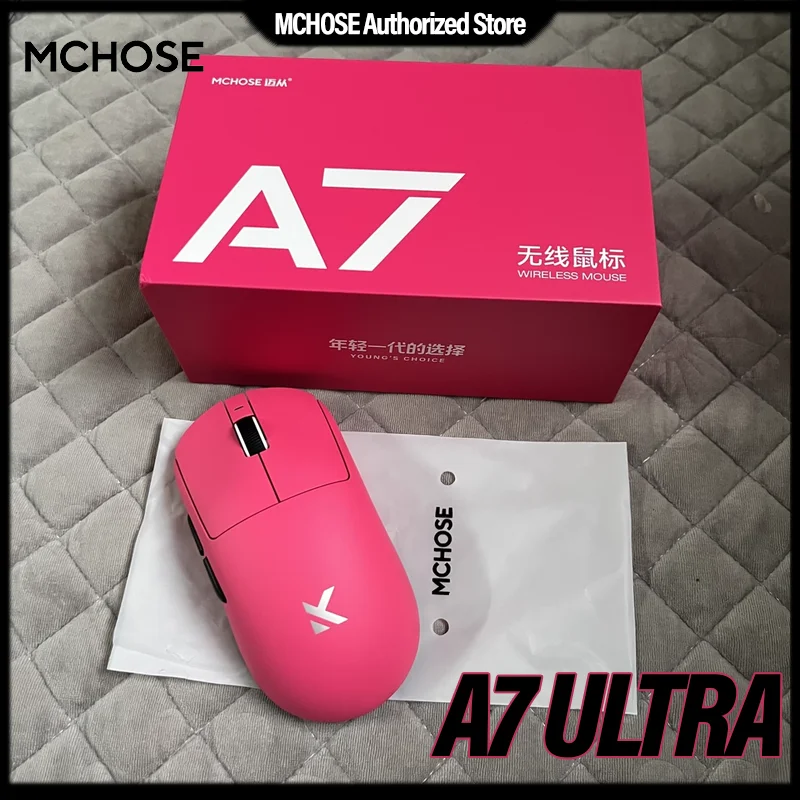 MCHOSE A7 Gaming-Maus TOPSPEED Wireless 8 kHz Polling Rate PAW3950 Ultra ≥20000 FPS Ice Coating Web Trivr M Hub 42000 DPI 750IPS Image