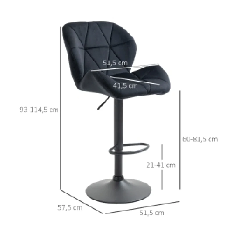 2er-Set drehbare Barhocker mit Rückenlehne, höhenverstellbar, Samt-Optik in Schwarz, armlos, 51,5x57,5x93-114,5 cm