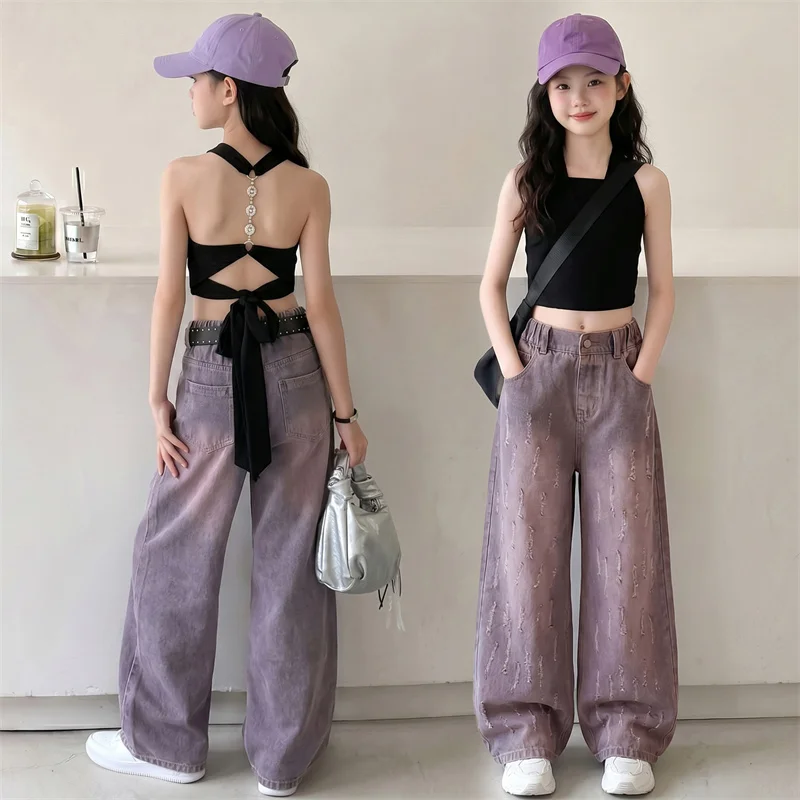 Sommer-Outfits für Teenager-Mädchen, rückenfreie schwarze Weste und lila Jeans mit weitem Bein, 2-teiliges modisches koreanisches Hip-Hop-Kinderkleidungsset für 5–14 Jahre