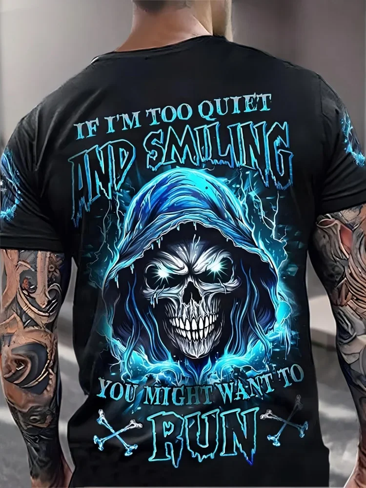 Modisches Herren-T-Shirt mit Totenkopf-Motiv, dunkles Gothic-Streetwear-Shirt mit Zitat „If I'm Too Quiet“, atmungsaktives 3D-Druck-Oberteil mit kurzen Ärmeln
