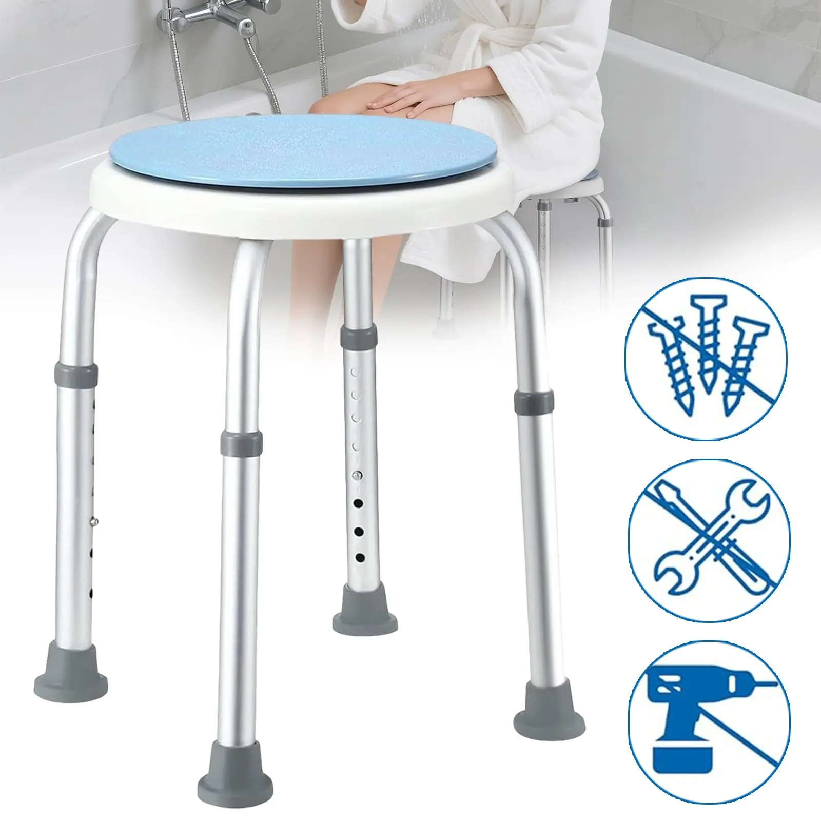 Banc de salle de bain stable – Base antidérapante, 360° ° Chaise de douche pivotante, tabouret de bain réglable en hauteur de 36 à 52 cm, structure stable, adapté aux salles de bain, aux hôpitaux et