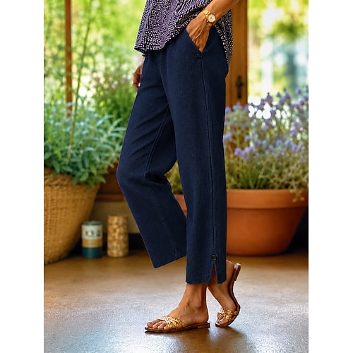 Per donna Jeans Chino Lunghezza intera Naturale Tinta unita Tasca Comodo Inelastico Casual Quotidiano Blu marino Autunno Vestibilità comoda