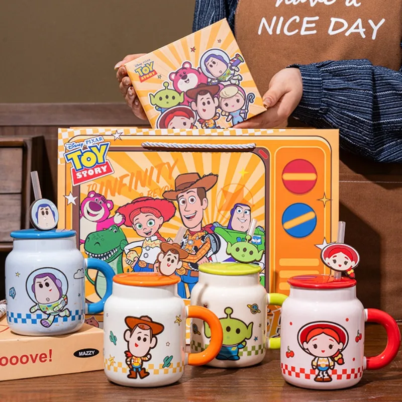 New Anime Toy Story Woody Ceramic Mug Cute Buzz Office Coffee Milk Mugs Alien Household Drinking Cup with Lid Straw Cups Gift