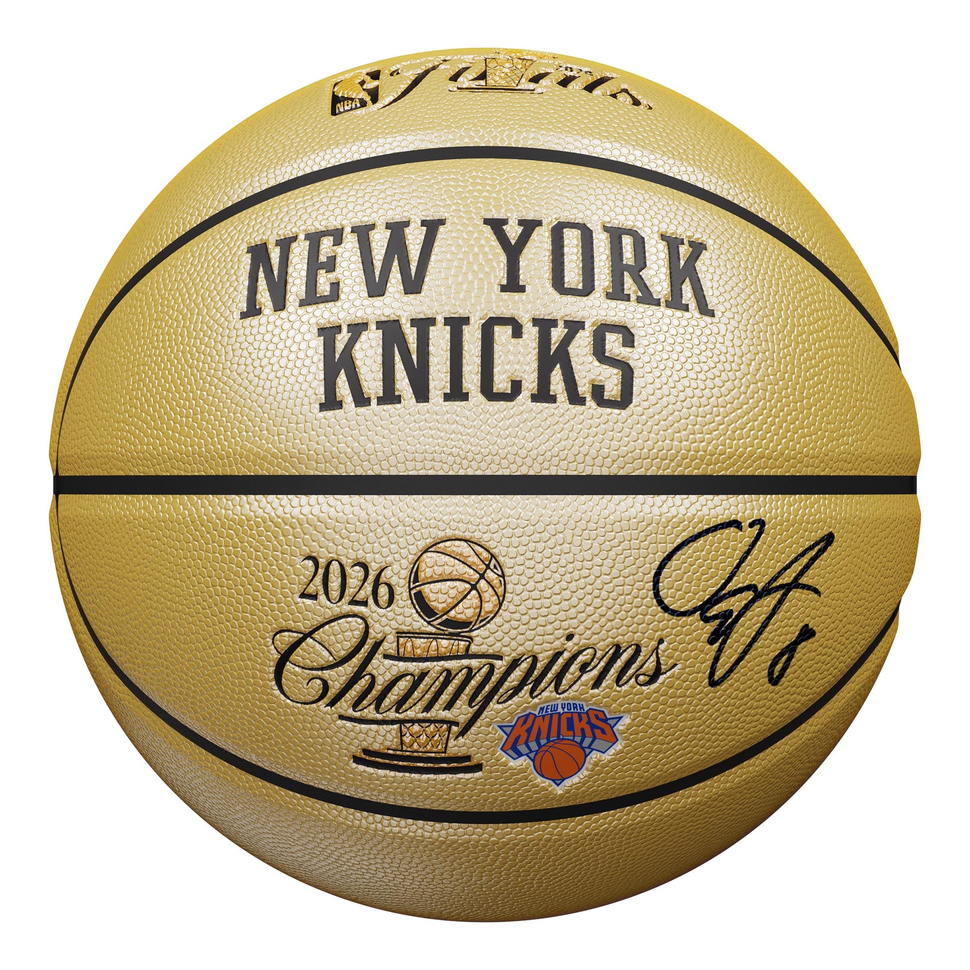 Ballon de basket Wilson Champions Logo Gold, signé par OG Anunoby, des New York Knicks, champions des finales NBA 2026.