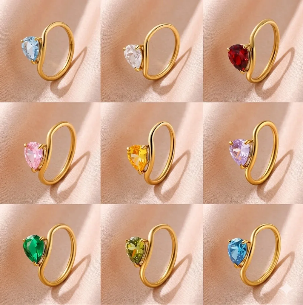 Wasserdichte Edelstahl-Herz-Kristallringe Trendiger Luxus Bunter Zirkonia Offener Fingerring Statement-Schmuck für Frauen Image