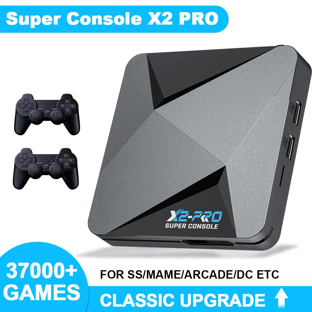 Console de jeux vidéo rétro KINHANK Super Console X2 Pro avec 37 000 jeux vidéo pour PS1/DC/MAME/SS avec manette, boîte de jeu, cadeau pour enfant