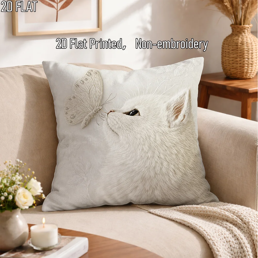 1 Stück Vintage Cremeweiße Katze und Schmetterling Dekorative Kissenhülle für Wohnzimmer Schlafzimmer Sofa Image