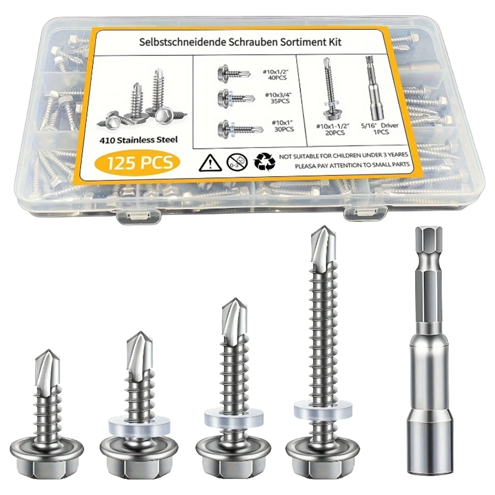 125-teiliges Sechskant-Selbstbohrschrauben-Set in 4 Größen # 10x1/2-1-1/2 Zoll Legierungsstahlschrauben für Metall- und Holzanwendungen Image
