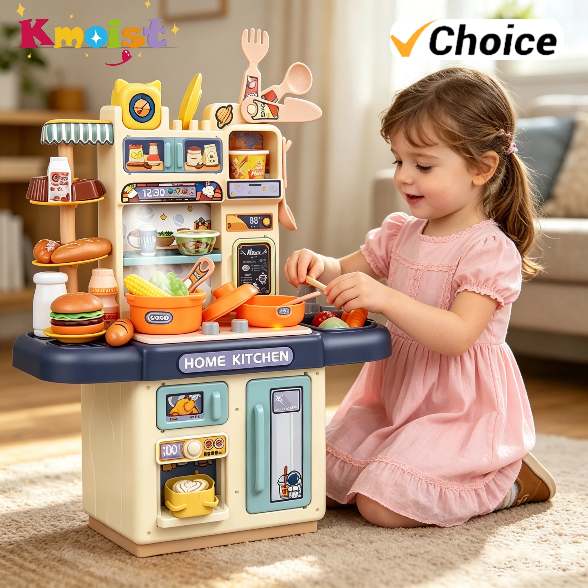 Großes Kinder-Simulationsküchen-Spielset mit Lichteffekten, Soundeffekten und Sprühfunktion, Küchen-Spielzeug mit Esstisch, Rollenspiel-Geschenke Image