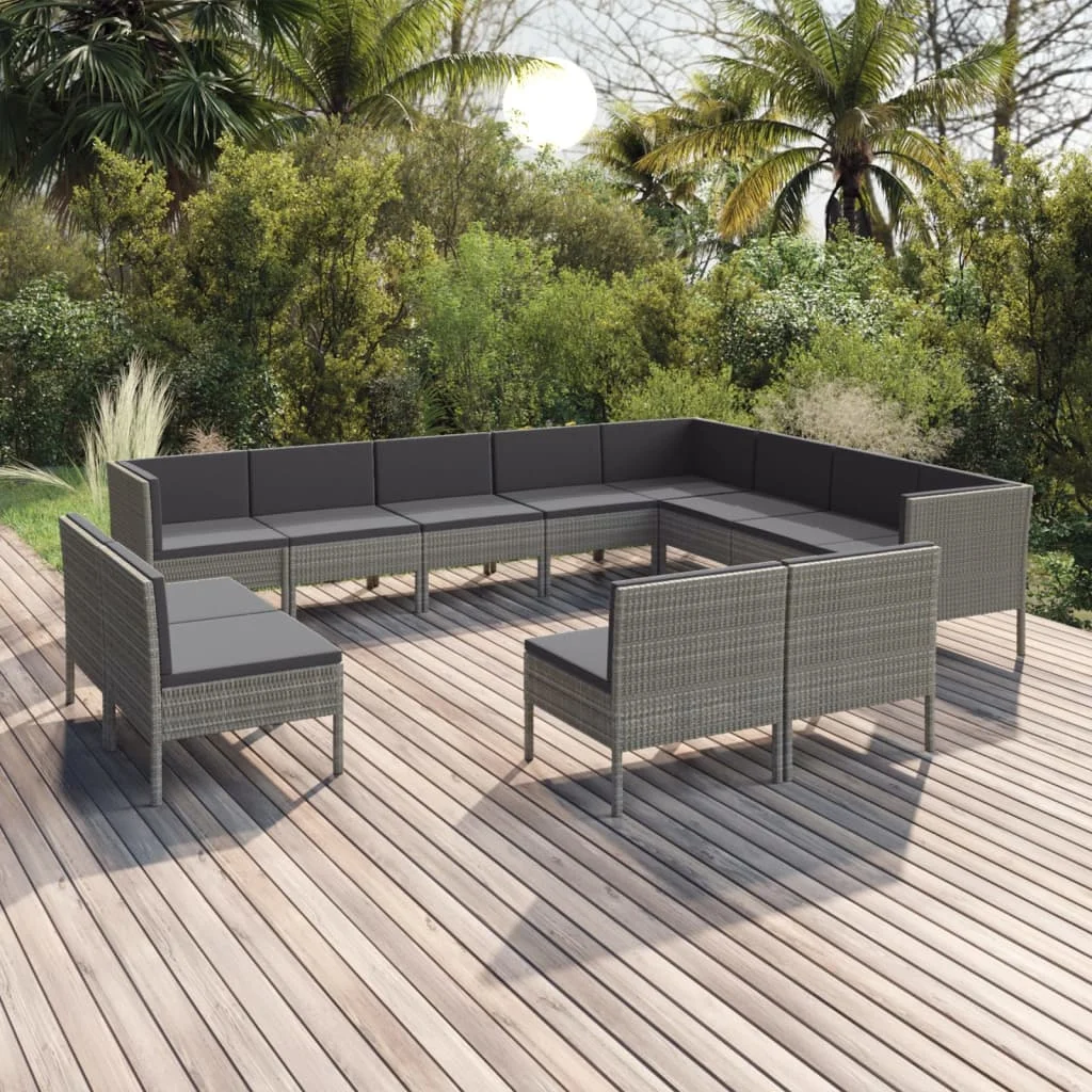12-teilig Garten-Lounge-Set mit Auflagen aus Polyrattan in Grau