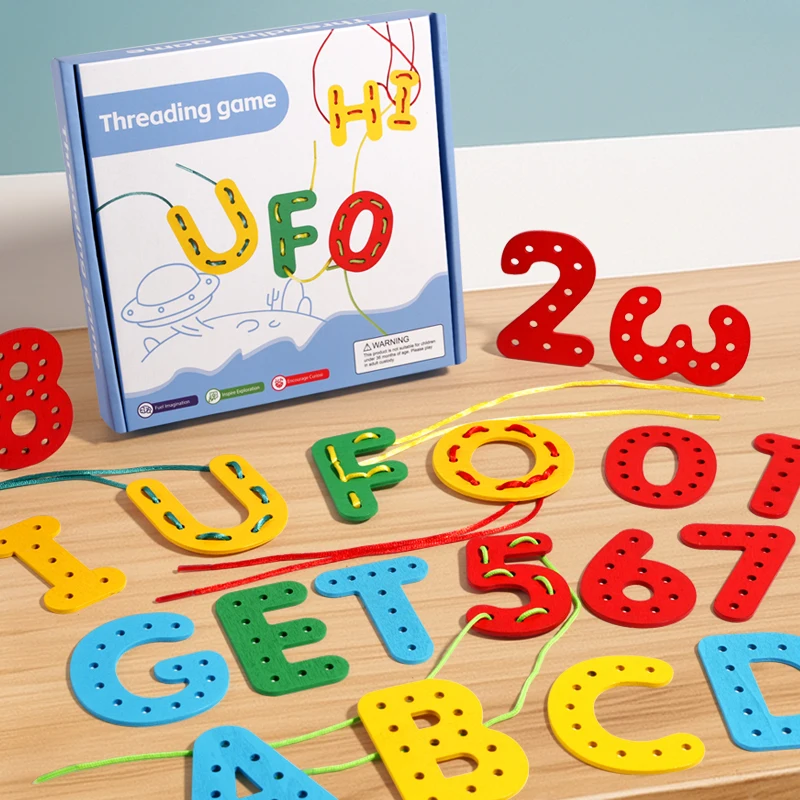Alphabet-Zahlen-Fädelspielzeug, lernen Sie, während Sie spielen, entwickeln Sie motorische Fähigkeiten und Konzentration, ideales Festivalgeschenk für Kinder Image