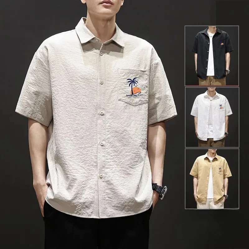 Herren Kurzarm-Hemden mit Aufdruck Koreanischer Retro-Stil Lockeres Revers-Hemd Herren Multitaschen-Arbeitsjacke Modische Streetwear Herrenbekleidung Image