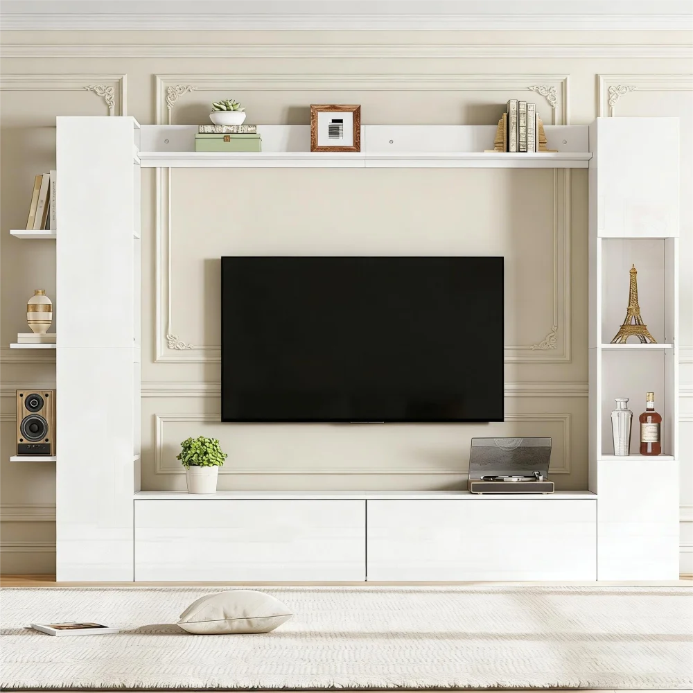 Wohnzimmer-Wandeinheit, Vitrinenschränke mit Türen und austauschbaren Paneelen (Set, 4-teilig), kompakte Wohnwand mit viel Stauraum, TV-Schrank, Vitrinenschrank, Aufbewahrungsschrank, speziell für das