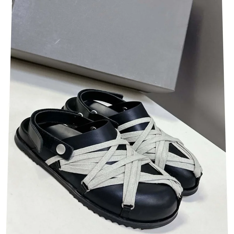2026 Darkness Rick Unisex-Riemchensandalen aus echtem Rindsleder mit Kalbslederfutter – Echtleder-Schuhe und -Slipper Image
