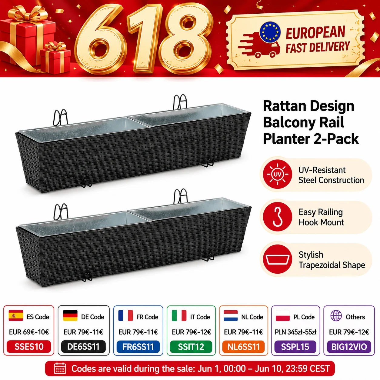 Balkon-Geländer-Pflanzkasten 2er-Pack 80 x 17 x 17 cm, Metall mit Rattan-Design, UV-beständiger Blumentopf für Balkongeländer, Terrasse, Garten, Blumen und Pflanzen, Schwarz Image