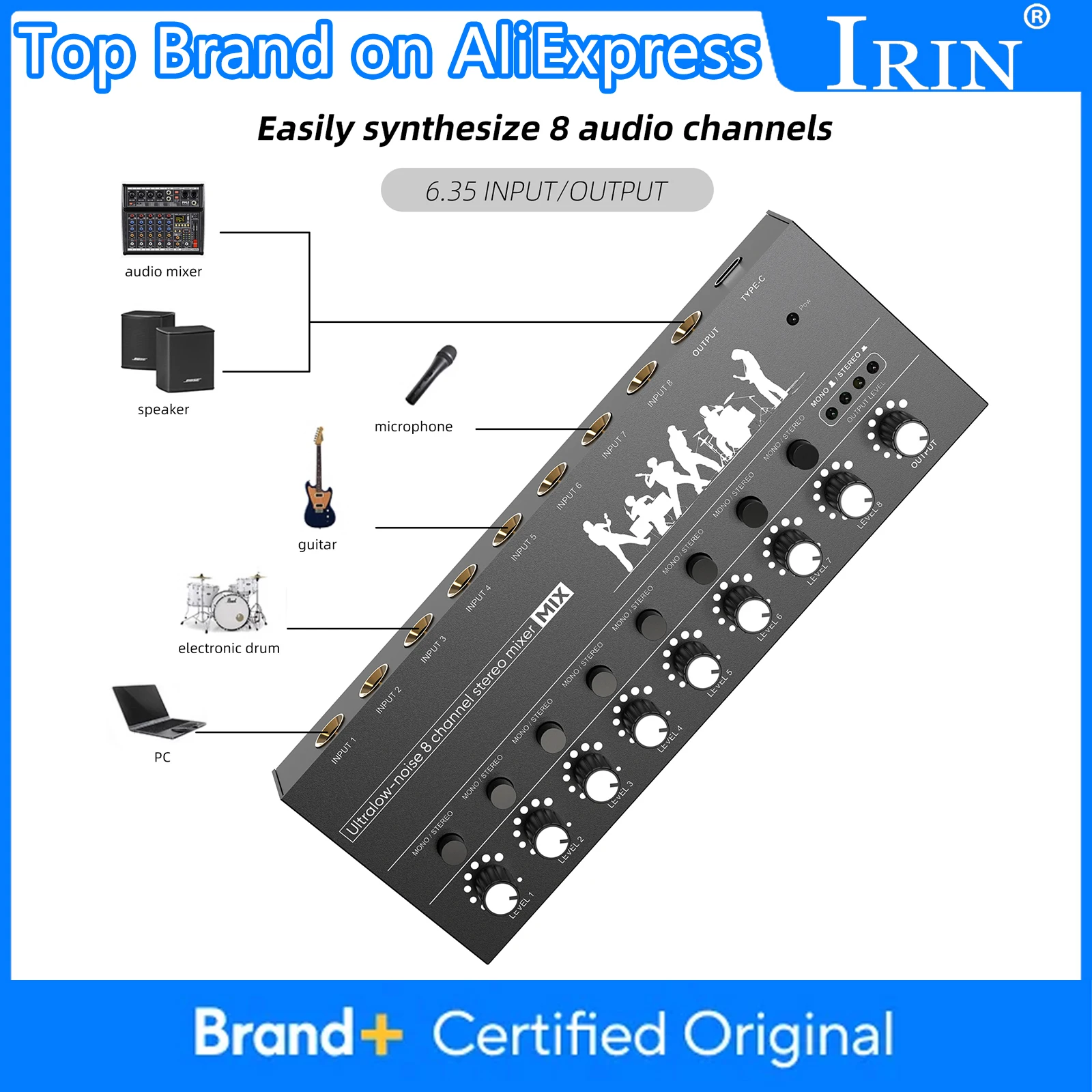 8-Kanal-Mixer, Ultra Low Noise Stereo Line Mixer, Mini-Professioneller Soundmixer, Audio-Mixer für Gitarren, Bass, Keyboard-Mixer Image