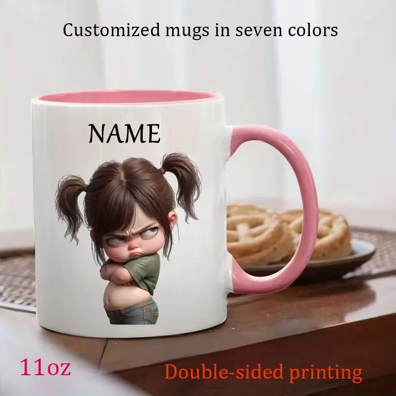 1 Stück 11oz Personalisierte Keramik-Kaffeetasse mit Wütendes-Mädchen-Muster, Individueller Text & Name, Ideales Geschenk für Freunde Image