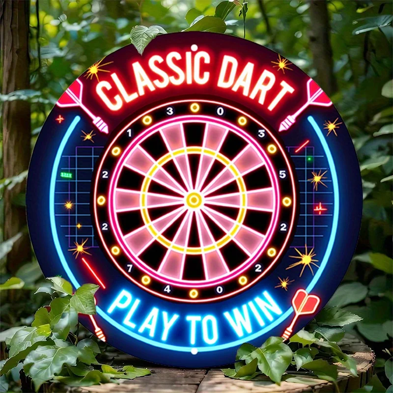 Holzschild Klassisches Dart-Spiel zum Gewinnen, Retro Neon-Stil 2D Flaches Holzschild für Spielzimmer Bar Dekoration, Vintage Ästhetik Dartscheibe Image