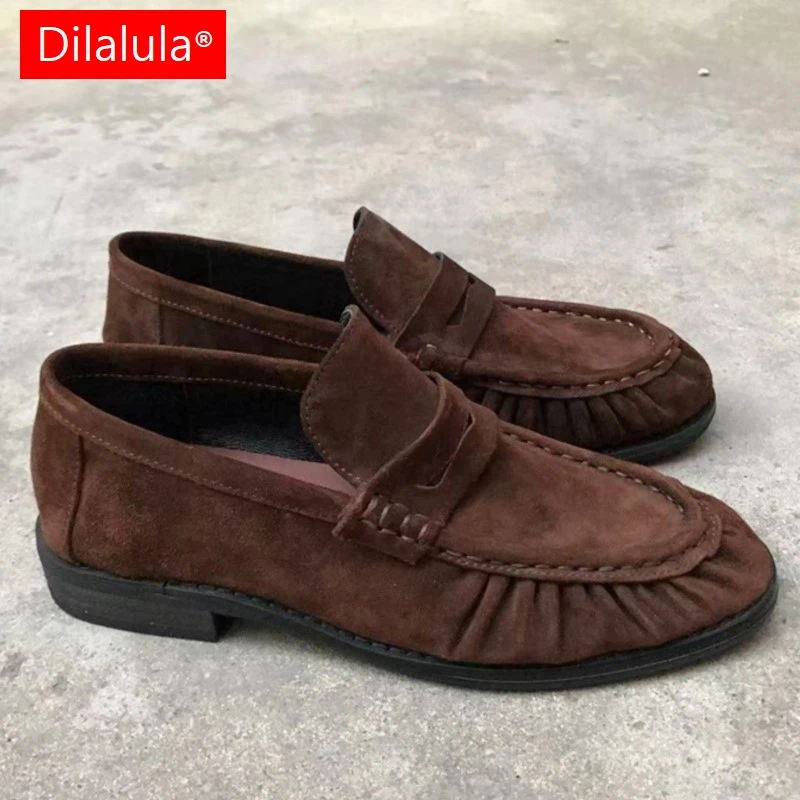 Dilalula 2026 Klassische Echtes Leder Plissee Loafer Frauen Französisch Stil Low Heels Slip On Pumps Weibliche Casual Schuhe Plus Größe