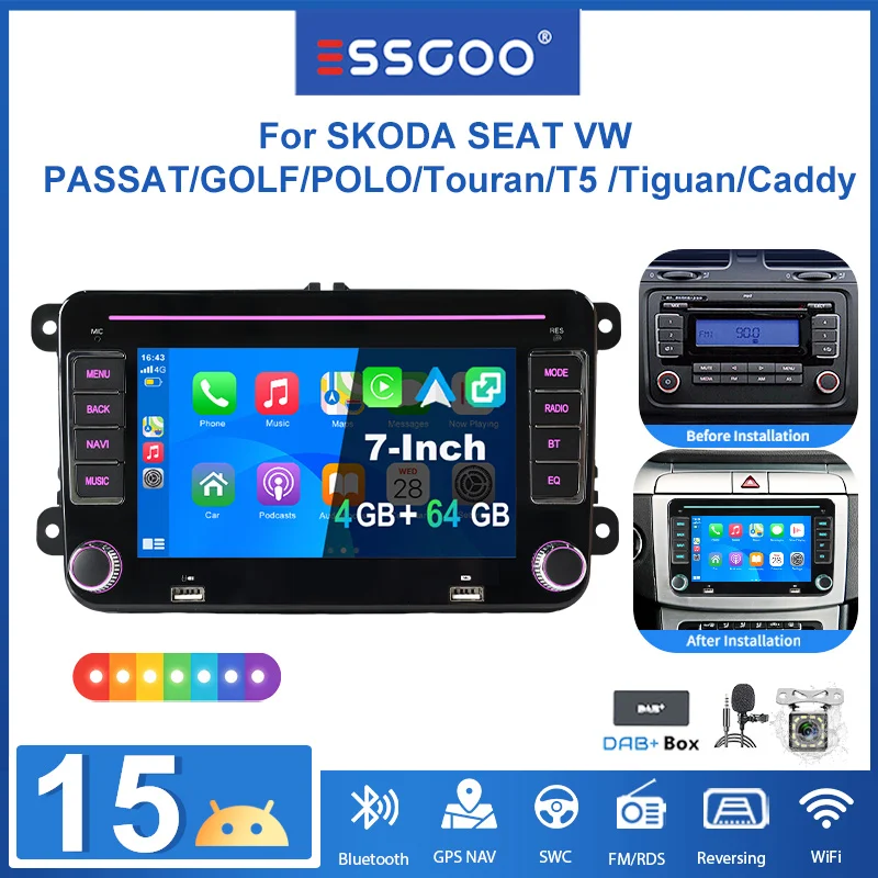 ESSGOO 7" Android15 4+64G für Seat Skoda VW Golf 5 6 Passat Polo Touran Tiguan Rabbit Sharan Caddy EOS T5 Autoradio kabelloses CarPlay Android Auto GPS RDS FM WLAN Bluetooth Doppel-USB Mirror Link Image