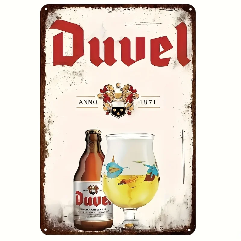 (2D-Blechmalerei) Duvel Vintage-Metallschild, vorgebohrt, wetterbeständige Eisen-Wandkunst, Retro-Stil für Zuhause, Bar, Restaurant, Garage Image