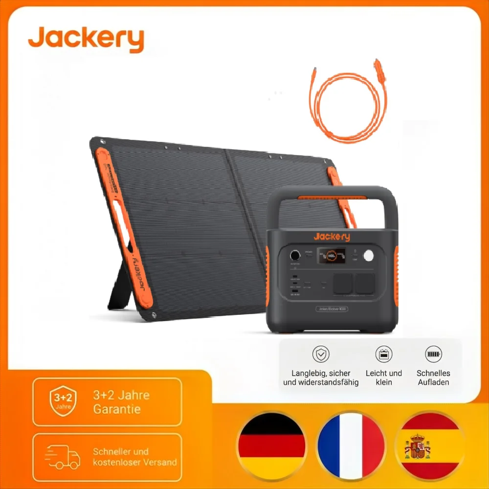 Jackery E1000 v2 Tragbare Powerstation mit 100W Solarpanel mit Kfz-Ladekabel, 1070Wh LiFePO4 Solargenerator, 1 Std. Schnellladung, für Outdoor Camping, Wohnmobil, Notfall Image