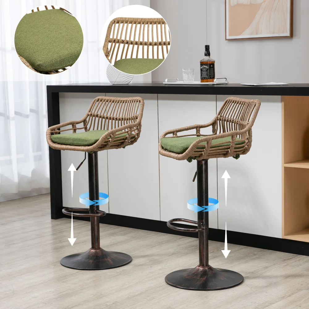 360 Grad drehbare, höhenverstellbare Barhocker aus Rattan, Set mit zwei modernen Barhockern, geeignet für Küchen, Esszimmer und Bars.