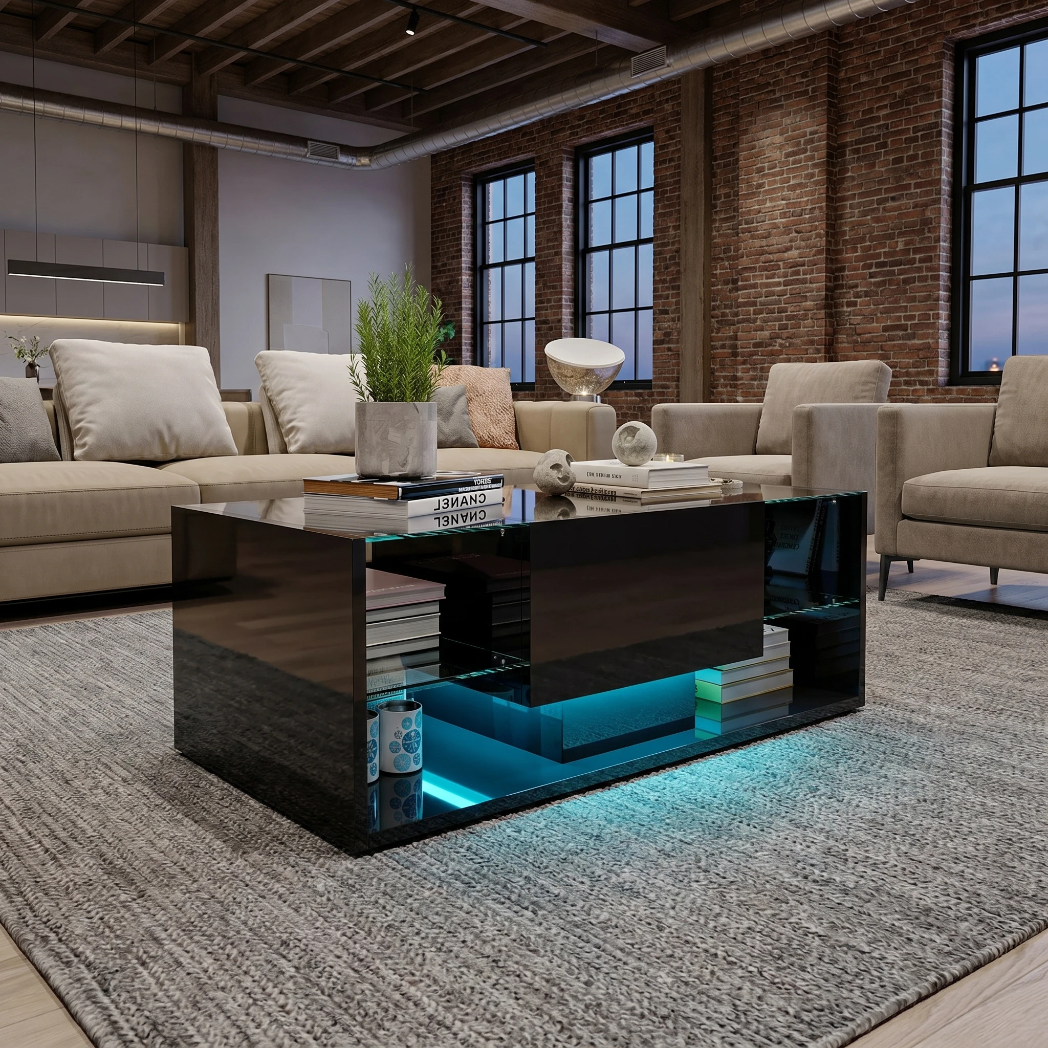 Superaly 100×50×35 cm Couchtisch mit LED-Beleuchtung, moderner Beistelltisch, mit offenem Ablagefach, mit Regalen und 1 Schublade, für Wohnzimmer und Schlafzimmer, Schwarz Image