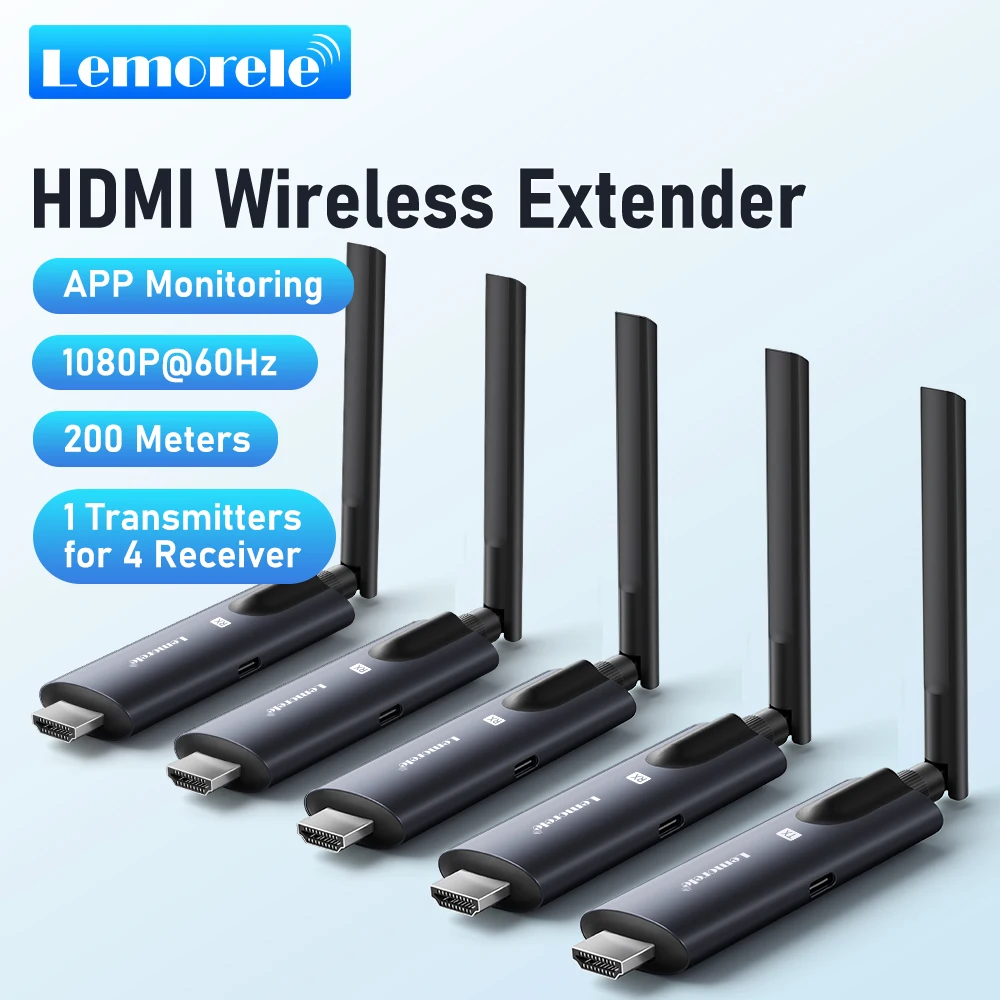 Lemorele 200 m kabelloser HDMI-Sender, Empfänger, APP-Überwachung, Plug & Play Extender Kit, Video-Transceiver für PC, TV, Projektor Image
