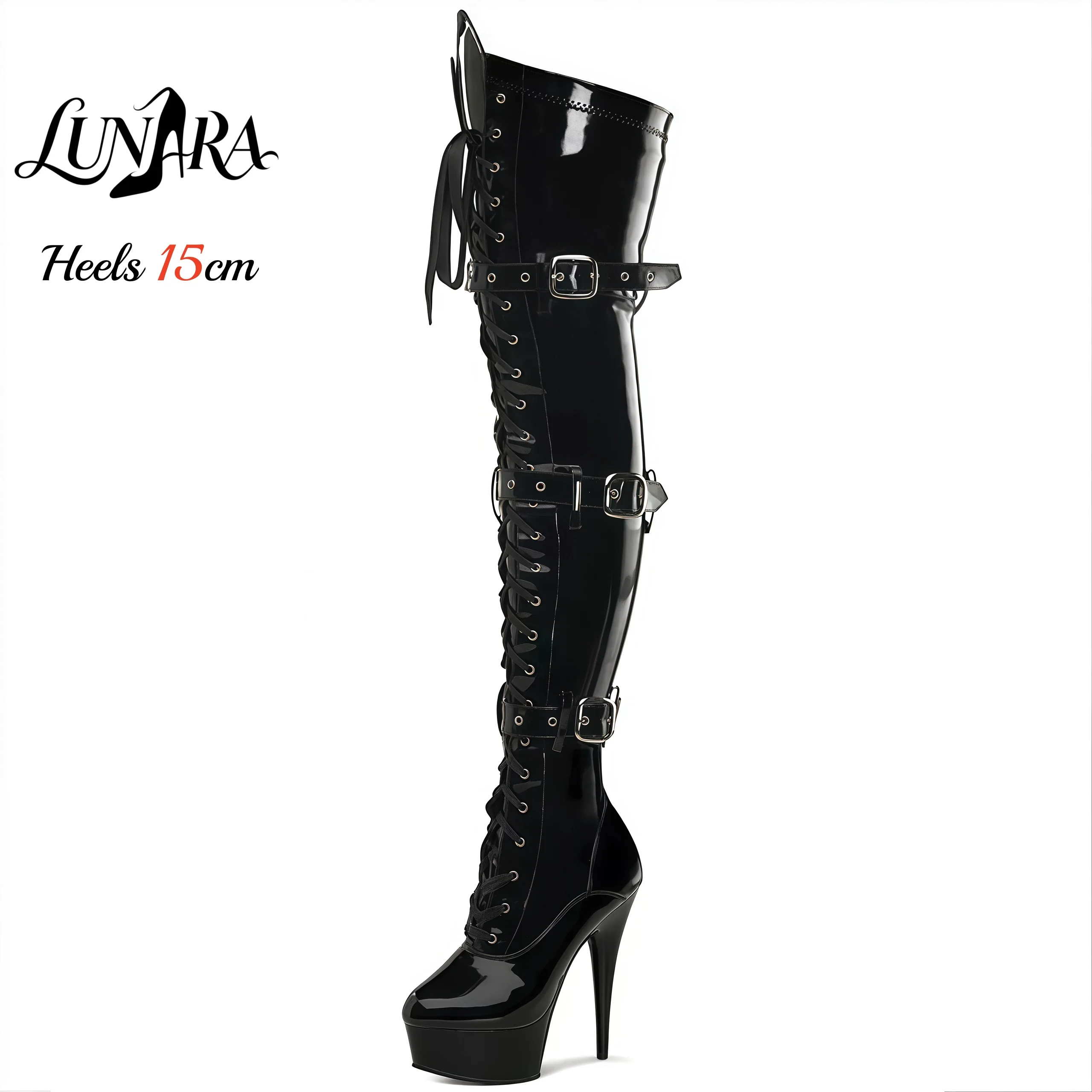 15cm/6 Zoll Schwarze Lack-Plateau-Stiefel mit Hohem Absatz, Overknee-Stiefel mit Schnürung, Schnalle und Reißverschluss, Rutschfeste Gothic-Performance Pole Dance Damenstiefel