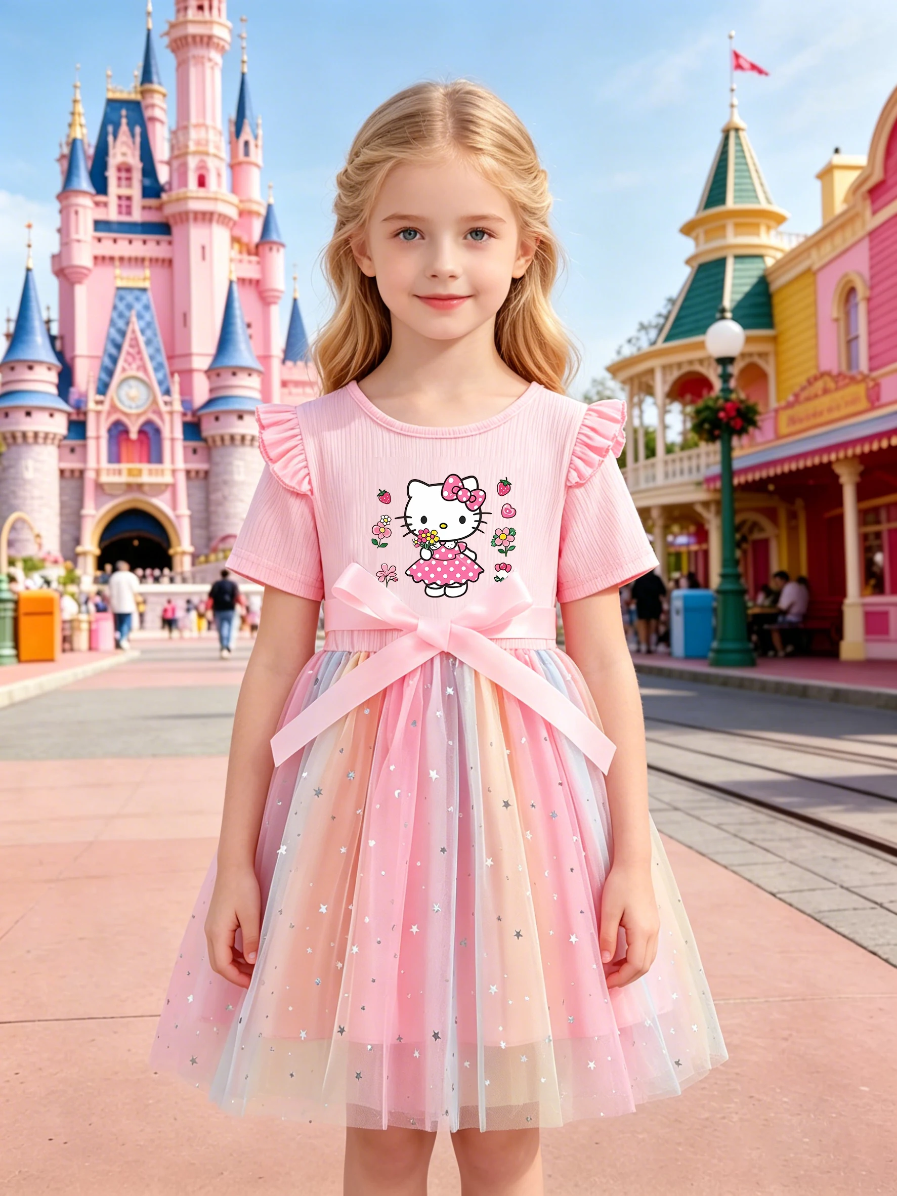 Cartoon-Prinzessinnen-Kinderoutfit, Mädchenkleid im europäischen Stil, rosa Tüll-Hello-Kitty-Prinzessinnenkleid