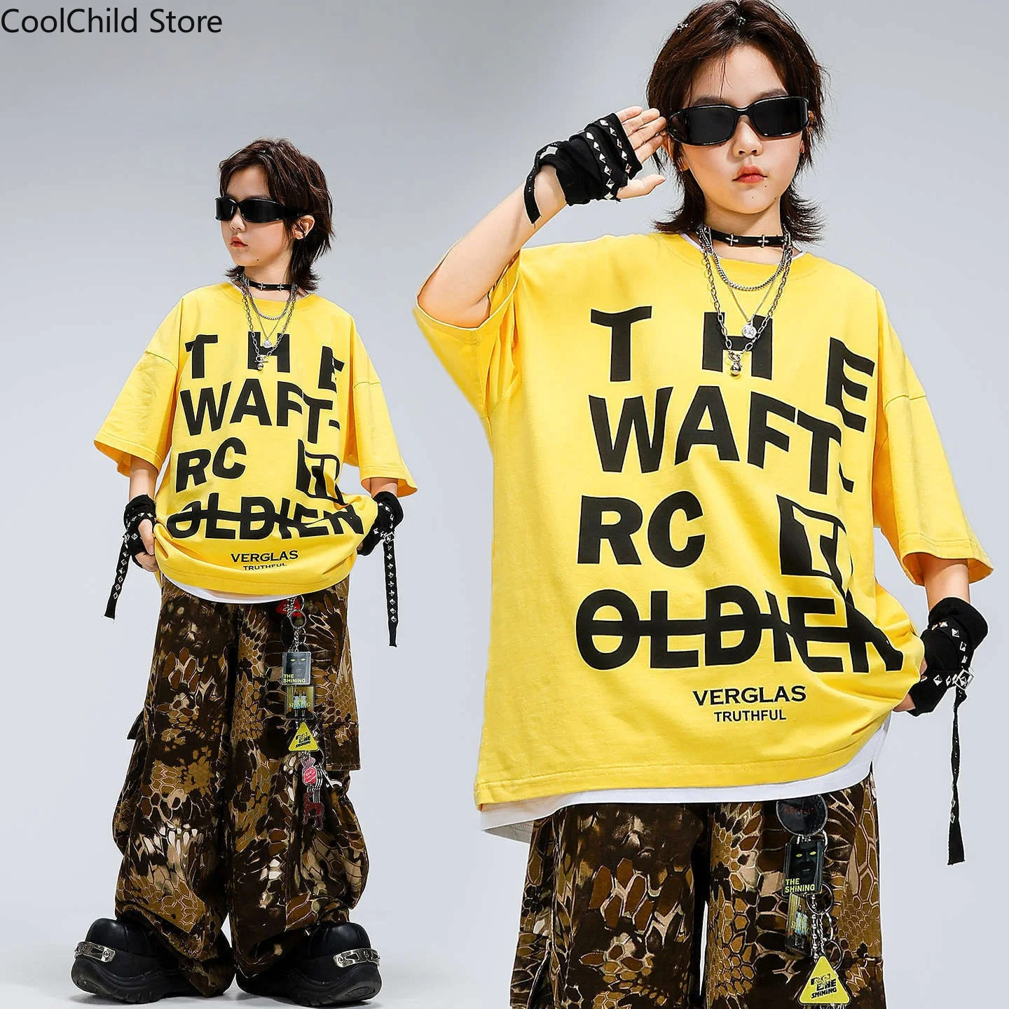 Jungen Hip-Hop Gelbes T-Shirt mit Schlangenmuster Cargo-Hose Mädchen K-Pop Streetdance-Kostüme Kinder Streetwear Kinder Jazz-Kleidungssets