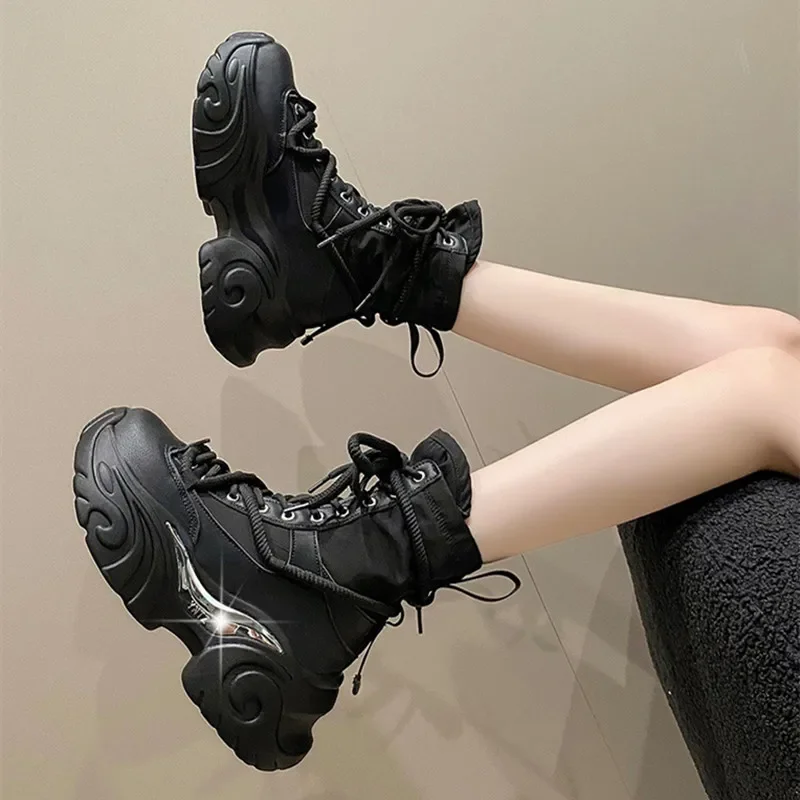 Chunky Plattform Stiefel Frau Dicken Boden Punk Gothic Frauen Schuhe Licht Atmungsaktive Lace Up Ankle Stiefel Motorrad Botas Mujer